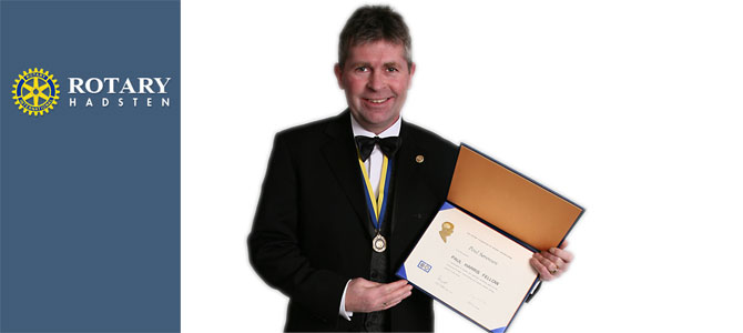 Poul Sørensen ved den årlige Charterfest lørdag d. 21. feb. med Poul Harris Fellow diplom og medalje.